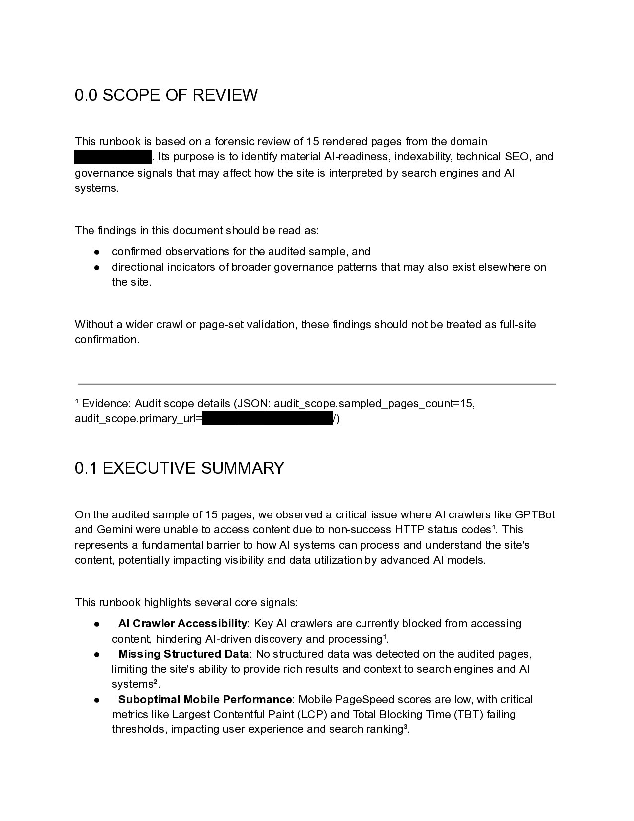 Sample VerisAI audit report — first page, client identifier redacted